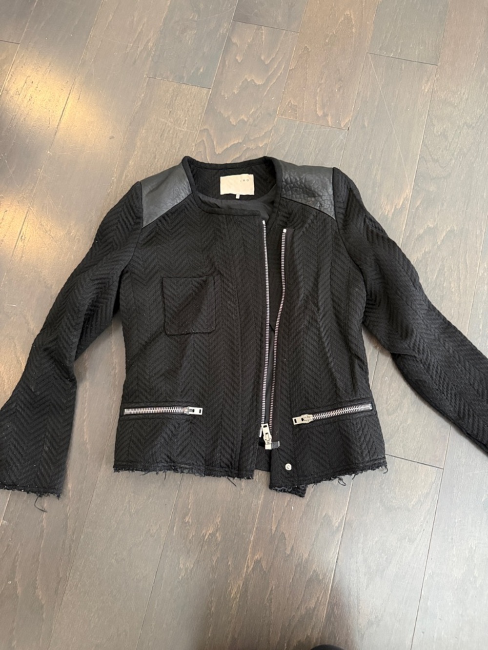 IBlack Textured Moto Jacket with real Leather Trim